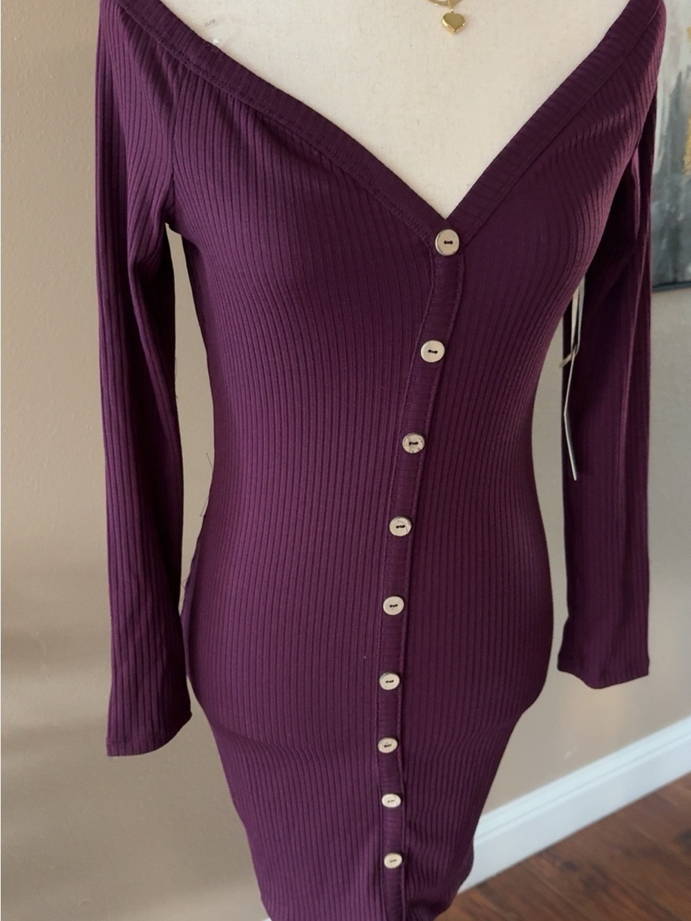 Off-Shoulder Ribbed Button-Front Bodycon Dress in Plum - Picture 7 of 8